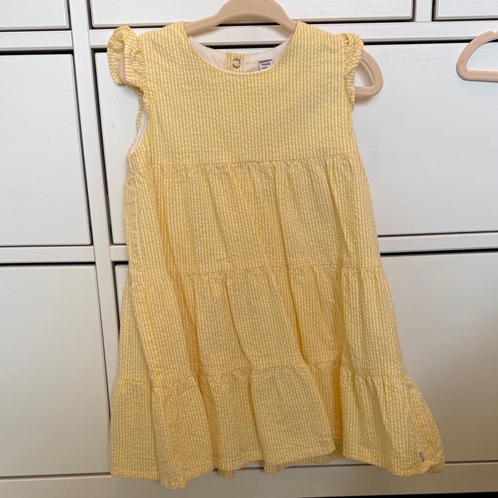 Petit Bateau Yellow Tiered Seersucker Sundress with Ruffle Cap Sleeves